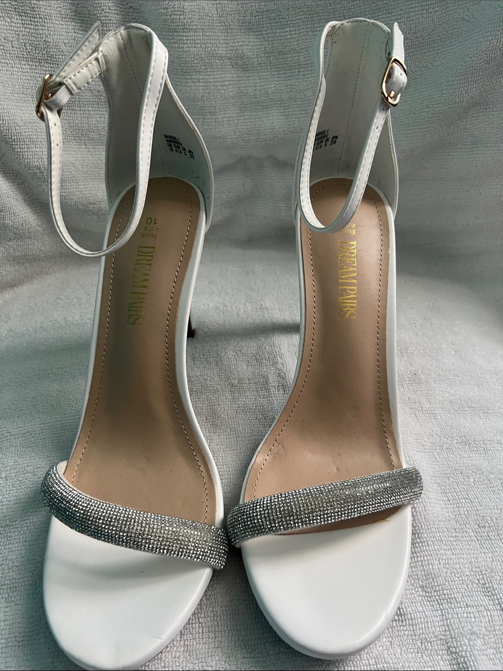 Dream Pairs White Ankle-Strap Heels with Silver Rhinestone Toe Band